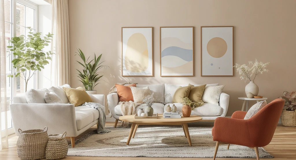 Earthy-toned living room photorealistically designed using ai home design for earthy living rooms and best ai tools for natural interior design, featuring beige sofa, wooden table, terracotta and olive accents, and plant-filled decor.