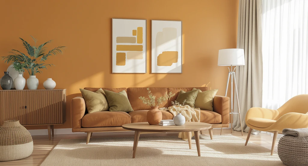 Ultra-realistic earthy living room with ochre feature wall, chestnut sofa, olive and sage accents, and daylight-illuminated paint samples, visualizing ai-generated living room color palette ideas with natural texture.