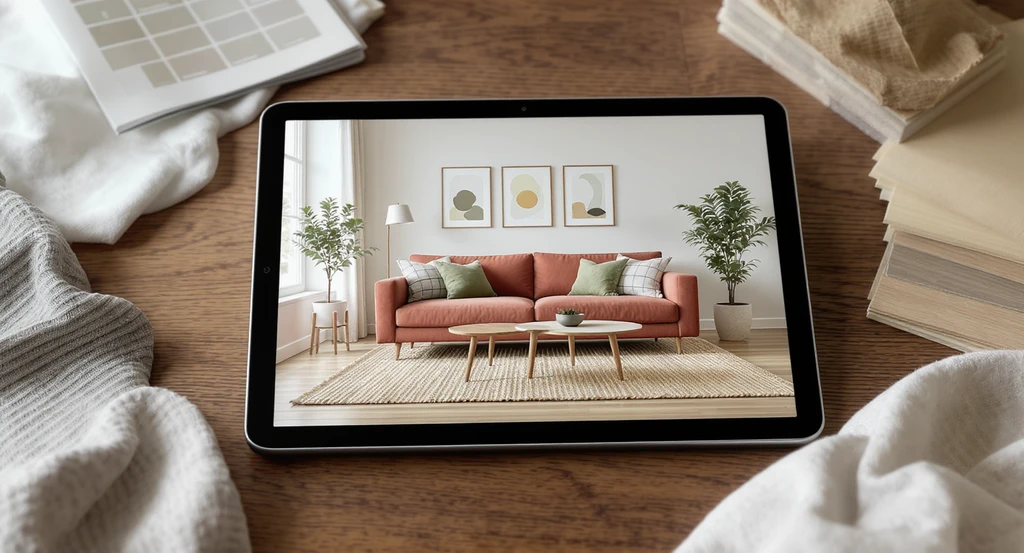 Tablet displaying ai home design for earthy living rooms with virtual room makeover earthy tones, best ai tools for natural interior design, and how to visualize earth tone decor with ai, showing realistic color palette ideas in a natural-light space.