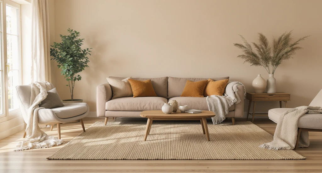 Editorial living room scene demonstrating the Earth Layer Method, with warm beige walls, natural wood floors, jute rug, earth-toned sofa, and natural fiber accents. Use ai home design for earthy living rooms, virtual room makeover earthy tones, best ai tools for natural interior design, how to visualize earth tone decor with ai, and ai-generated living room color palette ideas.