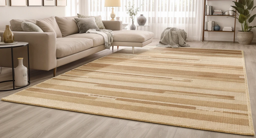 Editorial photorealistic living room anchored by a large earth-toned jute and wool area rug, exemplifying ai home design for earthy living rooms and virtual room makeover earthy tones with natural textures and seamless zone definition.