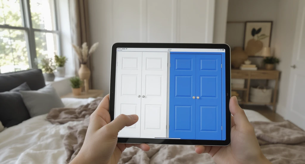 Tablet showing side-by-side preview of painted closet doors—real white doors and simulated blue—demonstrating how to visualize closet door paint colors and use tools for previewing painted doors, aligning with best practices for choosing closet door colors and aphantasia interior design strategies to prevent regret when painting closet doors.
