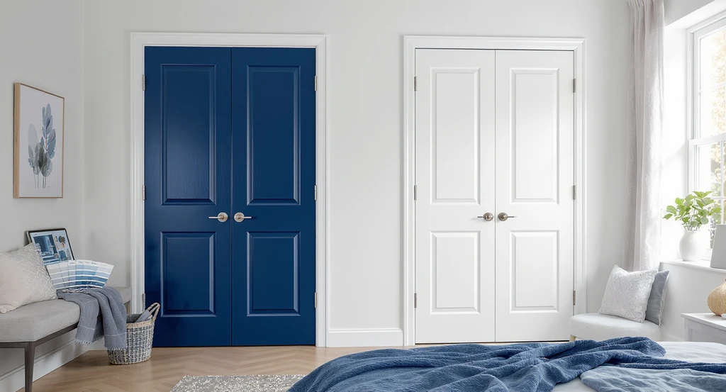 Modern bedroom showing white closet doors, one partially painted blue, with paint swatches, sample boards, and a tablet displaying virtual door color previews. Demonstrates how to visualize closet door paint colors and tools for previewing painted doors, supporting aphantasia interior design strategies and best practices for choosing closet door colors to prevent regret.