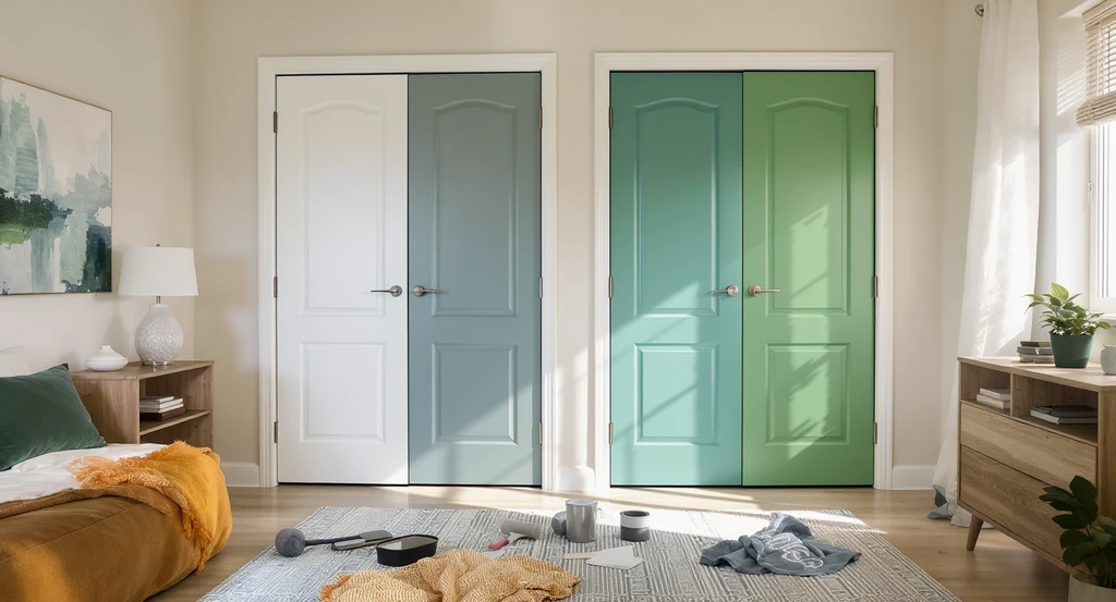 A modern bedroom displays four closet doors each painted a different color, with paint tools nearby, illustrating how to visualize closet door paint colors and best practices for choosing closet door colors to prevent regret and apply aphantasia interior design strategies.