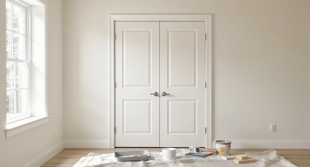 Modern open-plan room showing how to visualize closet door paint colors using sample swatches, prepping tools, and best color practices for closet doors.