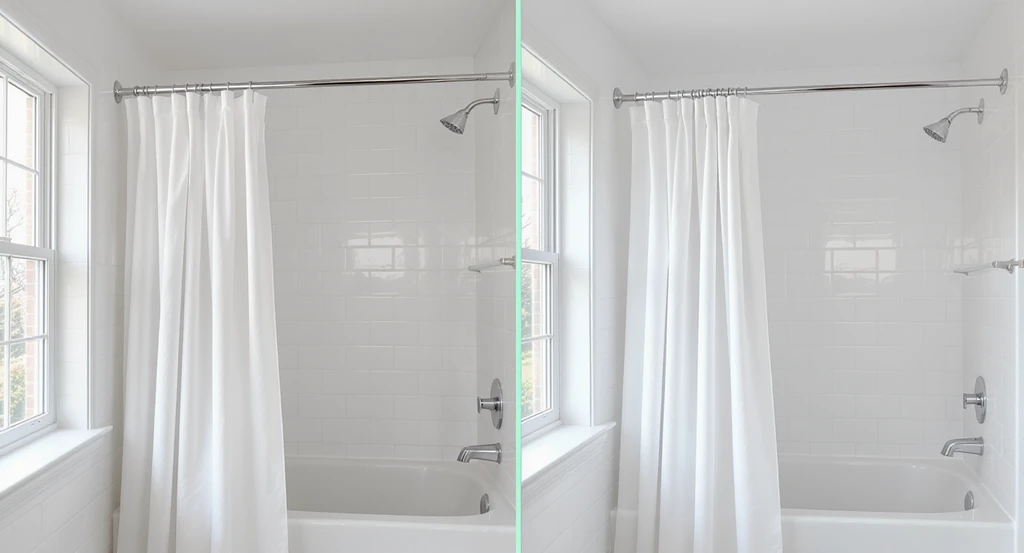 Side-by-side bathroom comparison showing a shower rod mounted at tile height versus close to the ceiling, illustrating how to visualize shower curtain choices and preview bathroom curtain placement for a more spacious look using curtain mockup tools, especially helpful as a solution for aphantasia in small bathroom design.