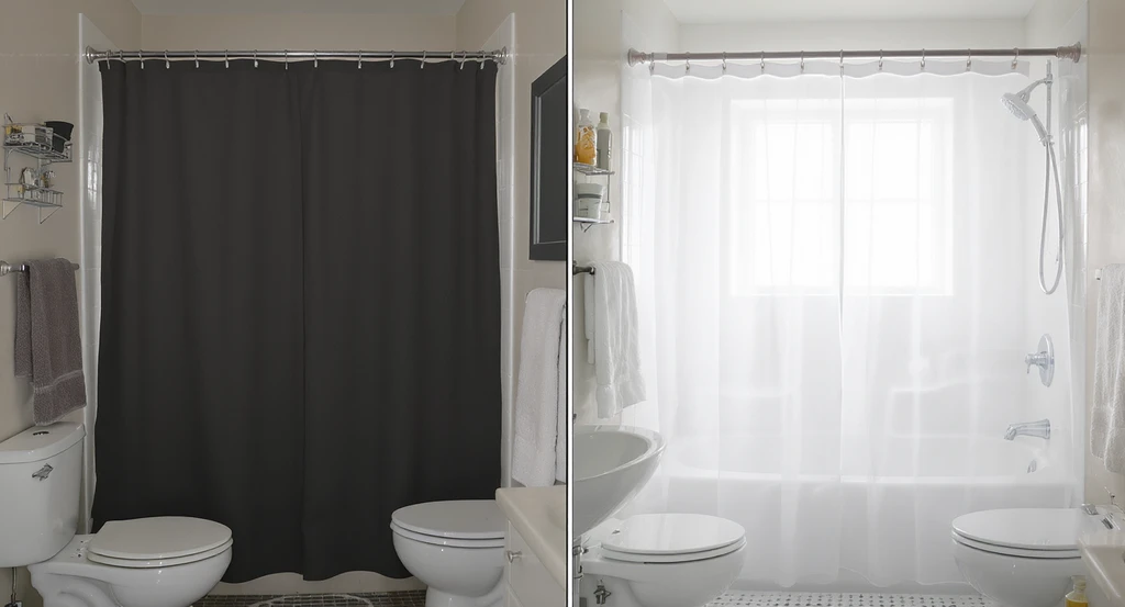Photorealistic comparison in a small, dim bathroom using a heavy dark opaque shower curtain versus a light semi-sheer curtain. Demonstrates how to visualize shower curtain choices and solutions for aphantasia in interior design using mockup apps for small bathrooms.