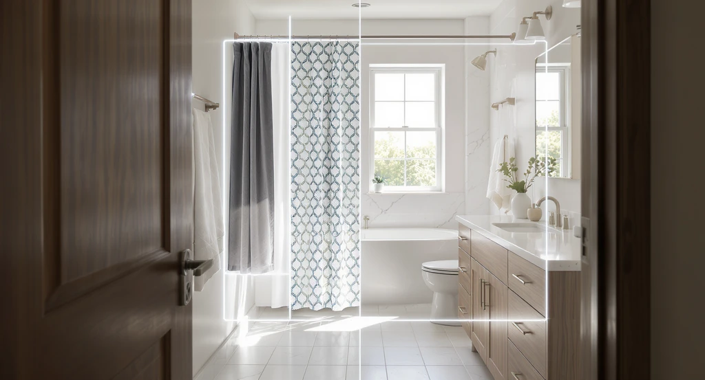 Realistic small bathroom showing three shower curtain options previewed side by side, using tools to visualize shower curtain choices for small spaces.