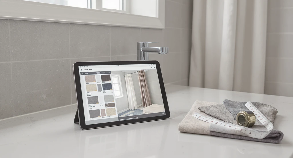 Tablet on bathroom vanity shows a shower curtain mockup app previewing curtain options in a small bath, with fabric swatches nearby for how to visualize shower curtain choices and tools to preview bathroom curtains.