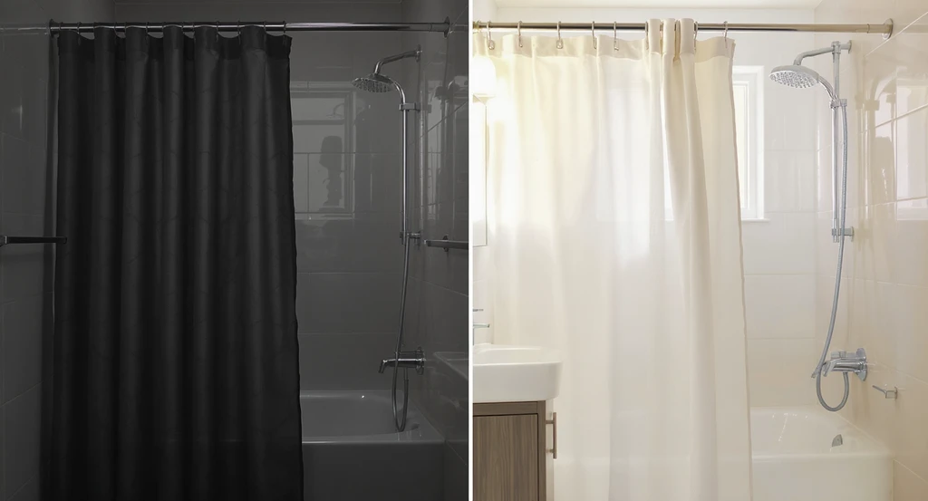 Realistic comparison of light versus dark shower curtains in a small, modern bathroom. Shows how curtain choices affect bathroom brightness and space.