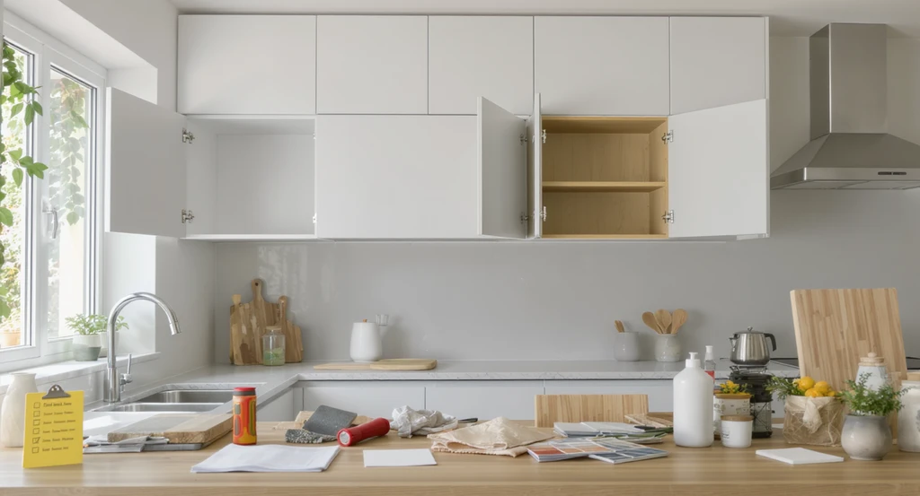 Modern kitchen cabinets being inspected and prepared with checklists, tools, and paint samples, showing structural checks before painting cabinets and tips for how to decide whether to paint kitchen cabinets.