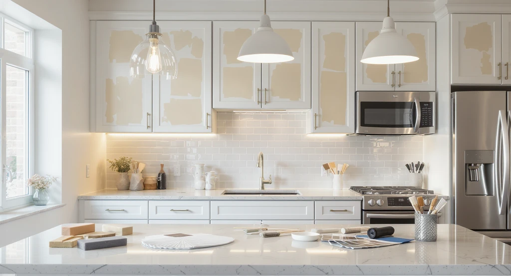 Photorealistic modern kitchen with misaligned and chipped cabinet doors, paint samples taped to cabinets, and painting tools, illustrating how to decide whether to paint kitchen cabinets and perform key structural checks before renovation.