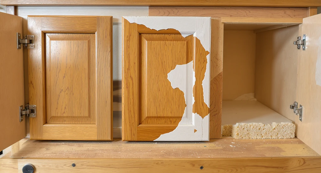 Kitchen cabinet doors and bases with clear differences: solid wood, peeling laminate, and warped particleboard, showing how to decide whether to paint kitchen cabinets using structural checks before painting cabinets and kitchen cabinet paint regret prevention tips.