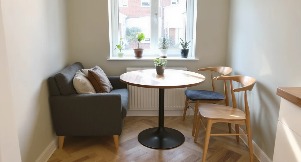 How to choose breakfast nook chairs: contrast between bulky armchairs restricting movement and slim armless chairs maximizing small breakfast nook space.