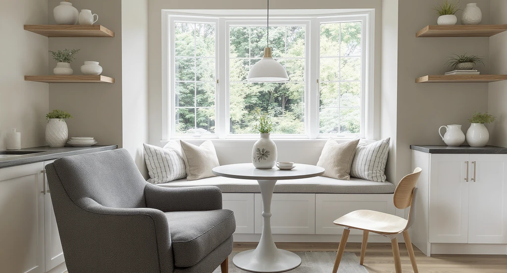 Modern breakfast nook with mismatched chair styles—bulky, tall, and uncushioned—next to a cozy bench, highlighting how to choose breakfast nook chairs and preventing furniture regret when buying chairs for small spaces.
