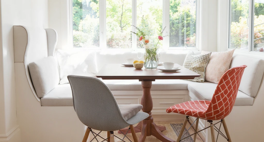 Photorealistic breakfast nook with various mismatched chair styles around a wooden table, illustrating how to choose breakfast nook chairs and avoid regret by matching best chair styles for small breakfast nooks with existing decor.