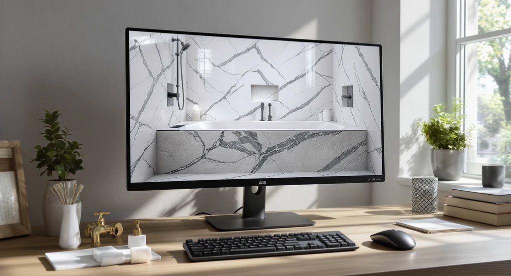 Digital visualization tool modeling a wet room with tub layout, showing drainage, material transitions, and precise fixture spacing in a photorealistic bathroom design.