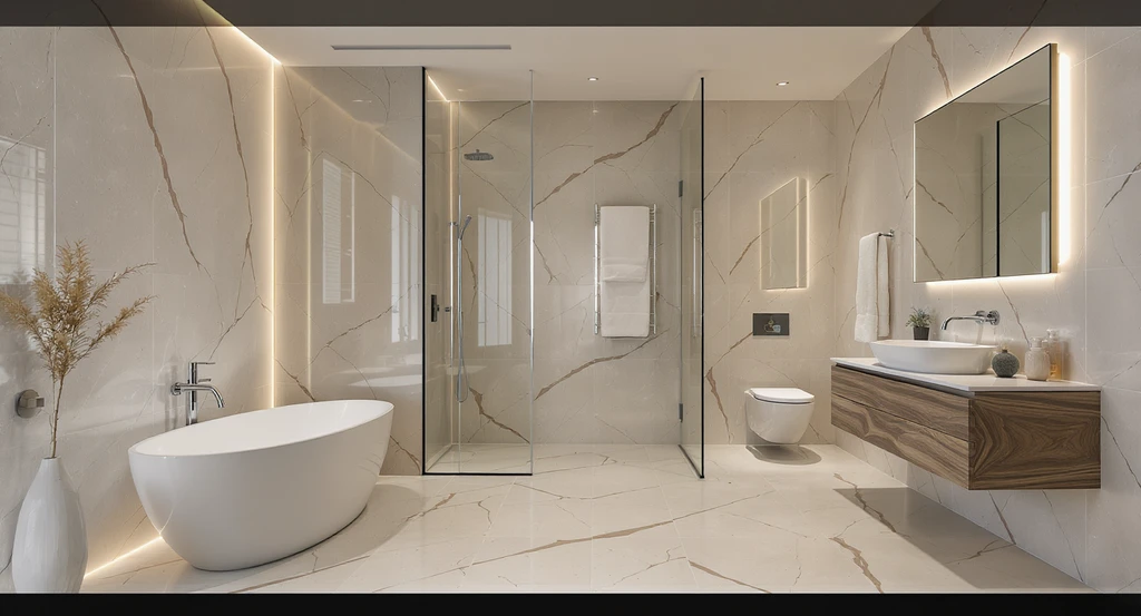 Modern wet room bathroom with clear zones: soaking tub and glass-enclosed shower share a wet area, vanity and toilet remain dry, illustrating wet room zoning.