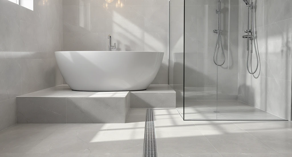Photorealistic wet room showing a freestanding tub and walk-in shower with tile flooring sloped toward a linear drain, illustrating strategic drainage geometry for wet room design.