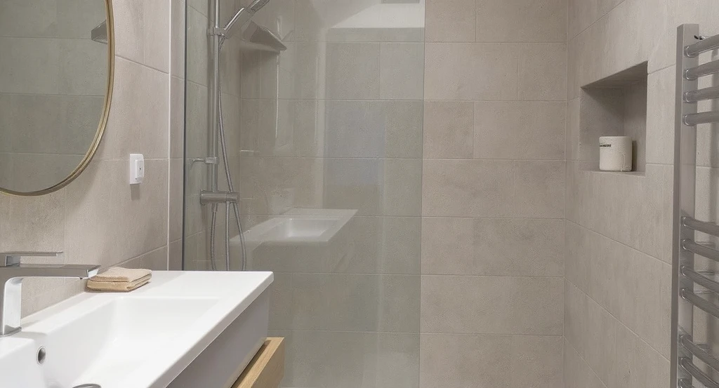 Wet room bathroom with seamless stone-gray slip-resistant porcelain tile on floors and walls, freestanding tub, and shower for material continuity.