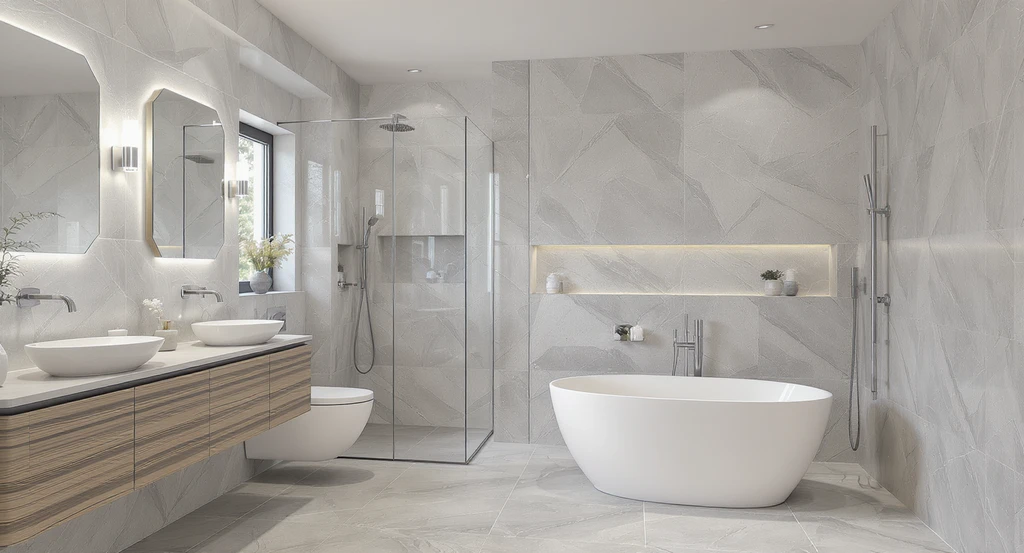 Photorealistic modern wet room with a freestanding tub, seamless open shower, glass partition, large tiles, soft natural light, and spa-like decor.