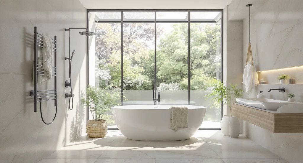 Freestanding bathtub in a wet room with a large window offering garden views, a skylight above, indoor plants, and privacy glass for a natural, spa-like bathroom.