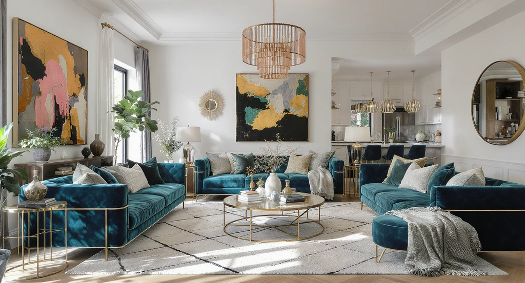 Editorial hero image of a maximalist interior design living room with colorful velvet sofas, bold patterns, maximalist bedroom inspirations, vibrant kitchens, and rental-friendly decor tips, designed for maximalist living ideas.