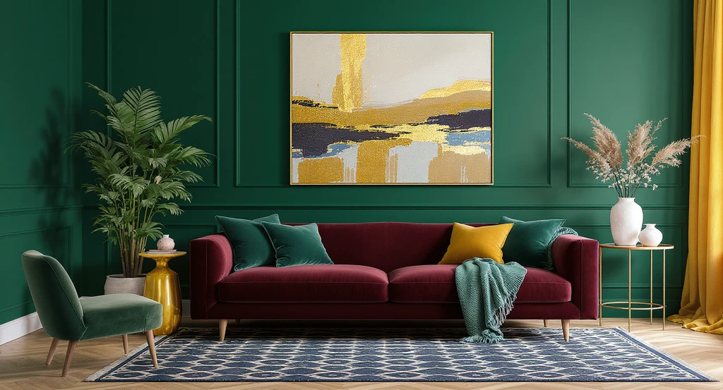 Maximalist living room with bold anchor wall, patterned rug, gallery wall, and curated storage, illustrating layering cohesion principles for living rooms.