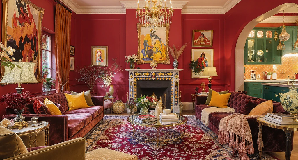 Editorial photo of a maximalist living room flowing into a maximalist kitchen, bedroom, and bathroom, demonstrating curated layering, bold colors, and rental-friendly maximalist design tips.