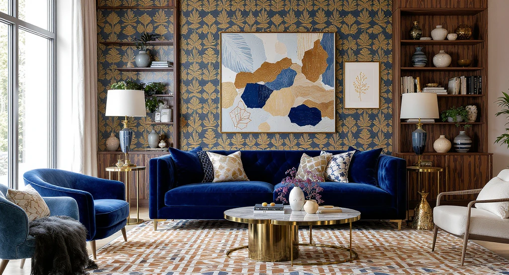 Maximalist living room with a cobalt blue sofa as visual anchor, patterned rugs, layered artworks, and repeating motifs—showcasing maximalist interior ideas.