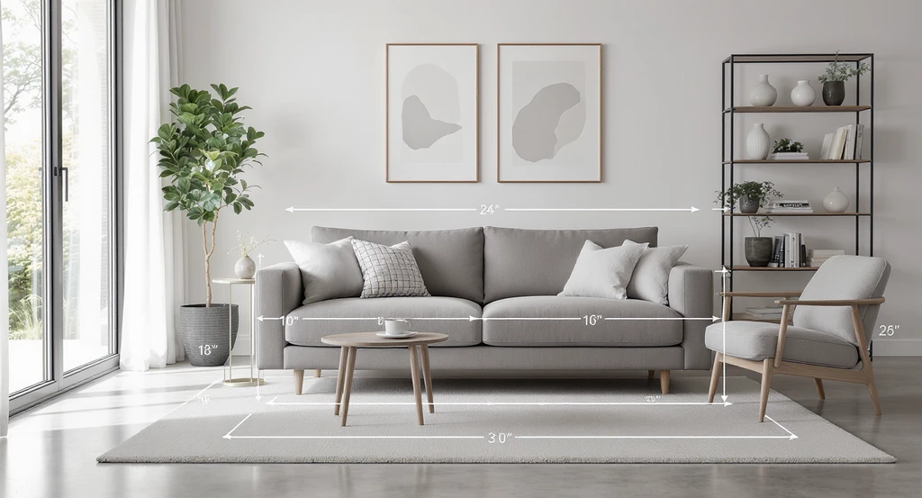 Small living room with a carefully sized two-seater sofa, precise clearance around furniture, and natural lighting, illustrating best sofa size for small spaces and optimal placement.
