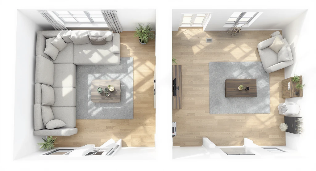 Smartly designed small living rooms showing best sofa size for compact spaces—one with a 90-inch sectional in a corner, one with a loveseat for optimal clearance and flexible furniture placement, illustrating how to measure living room for sofa and follow clearance rules.