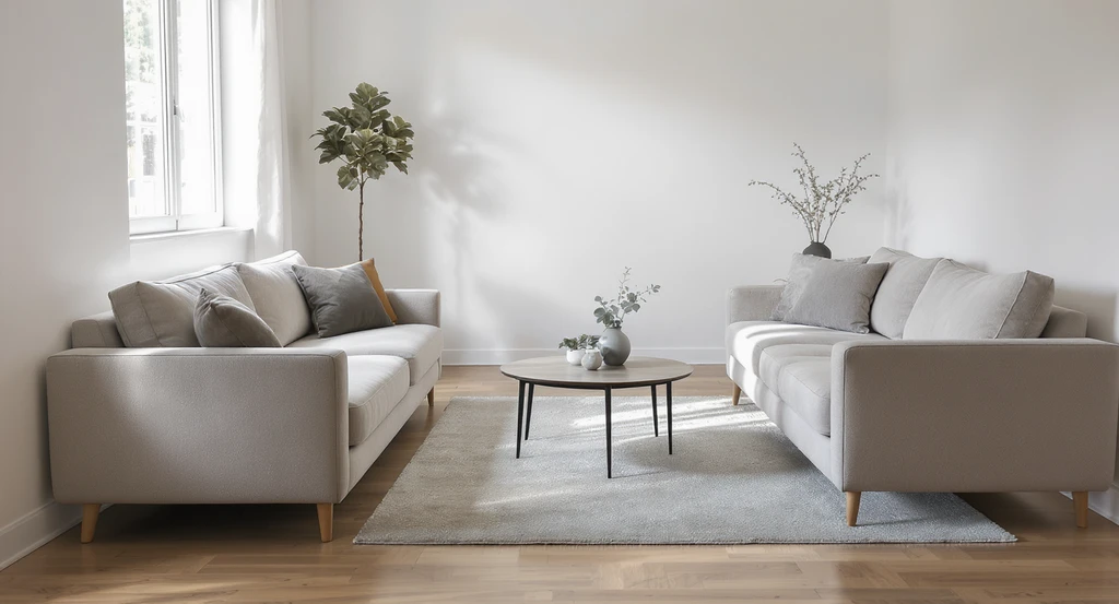 Compact living room showing two sofas of different depths to demonstrate the best sofa size for small living rooms and how sofa depth affects clearance and furniture placement.