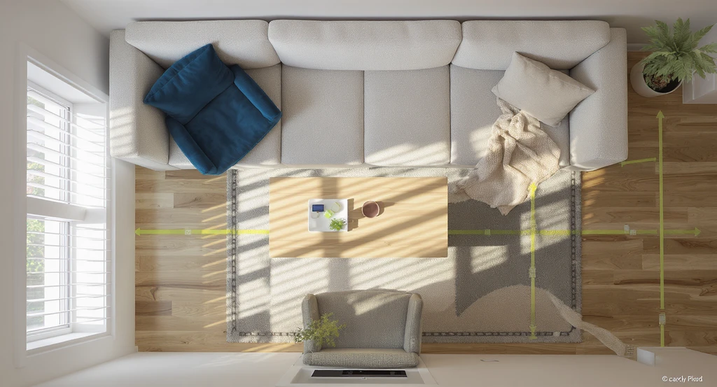 Photorealistic living room layout showing best sofa size for small living room, correct clearances around sofa and coffee table, and optimal walkway space for how to measure living room for sofa and sectional fit in apartment.