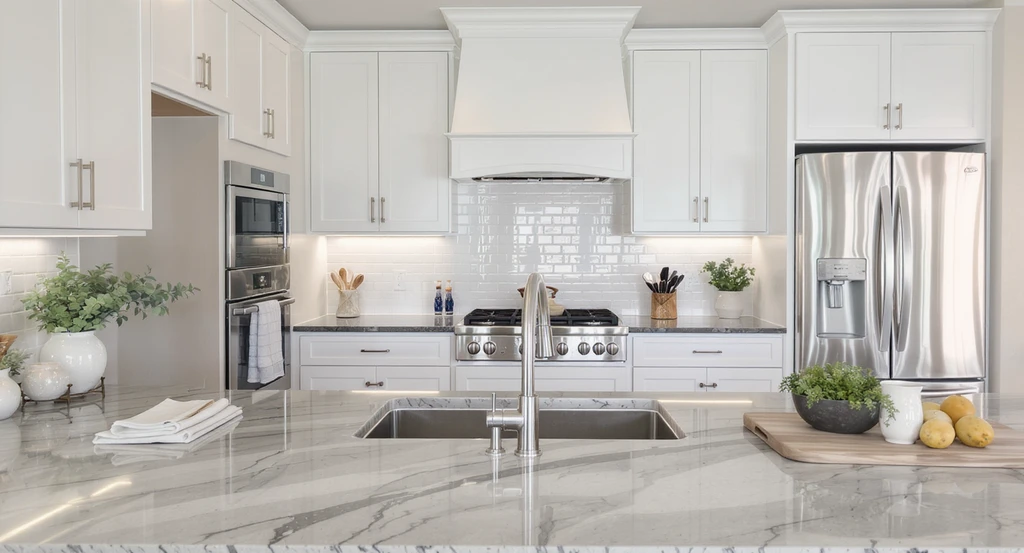 Photorealistic kitchen featuring a neutral palette, shaker cabinets, natural stone counters, seamless appliances, and durable materials for timeless design.
