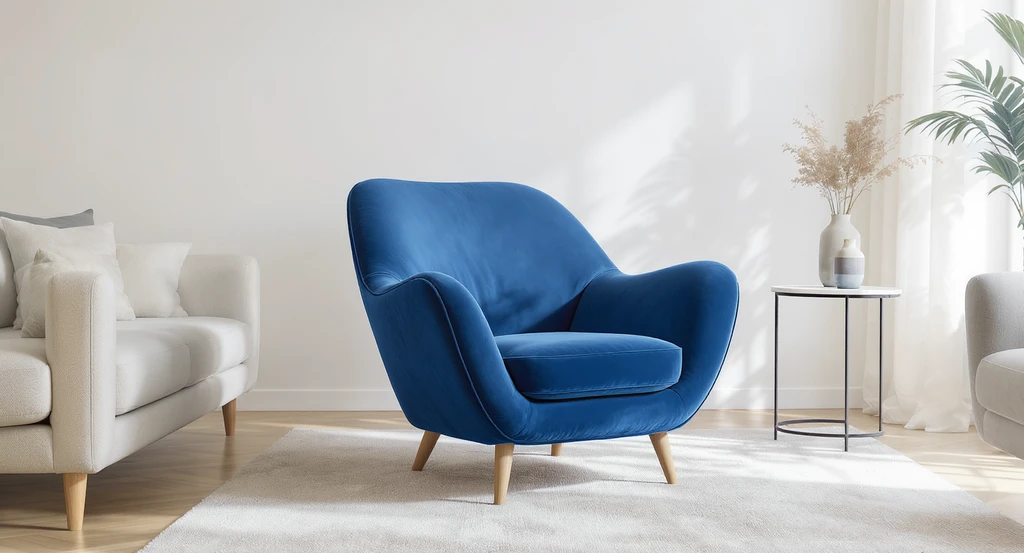 Photorealistic living room shows how to choose unique furniture that fits—a petal-armed lounge chair is balanced by negative space and careful planning for unusual decor.