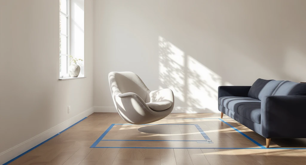 How to choose unique furniture that fits: a curved accent chair and oversized sofa are arranged in a bright living room with painter’s tape used to measure space, demonstrating tips to avoid buying oversized sofas and planning room layout for unusual decor.