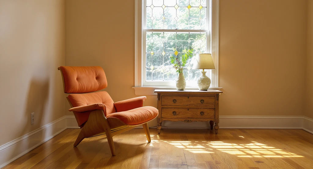 Carefully arranged living room with unique furniture: a stained-glass mallard window, orange '70s lounge chair, and handmade animal lamp show how to choose unique pieces that fit your space. The setup demonstrates planning room layout for unusual decor and tips to avoid buying oversized sofas for memorable impact.