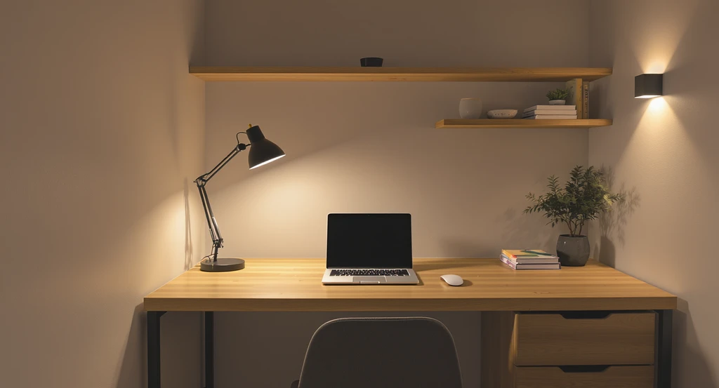 AI-powered home office with layered lighting setup: ceiling fixture, off-center desk lamp, and wall accent light, designed for virtual staging and cozy workspace comfort.