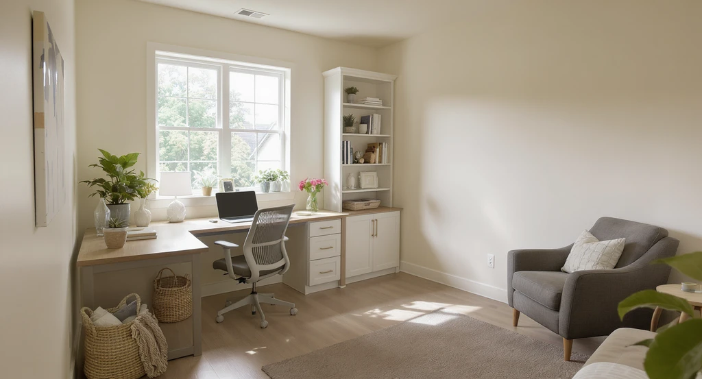 Photorealistic home office layout showing a floating desk beside a window, cohesive storage, and a reading nook—ideal for AI-powered design solutions.