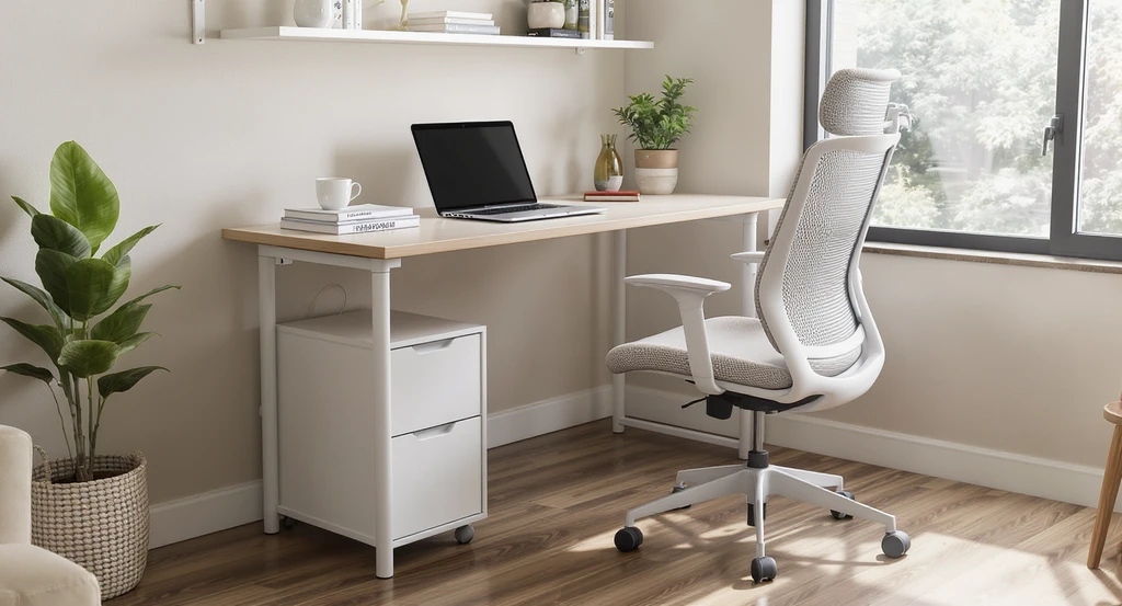 Small home office with a deep desk, ergonomic chair, closed storage, and styled shelves, created with AI-powered home office design ideas for cozy workspaces.