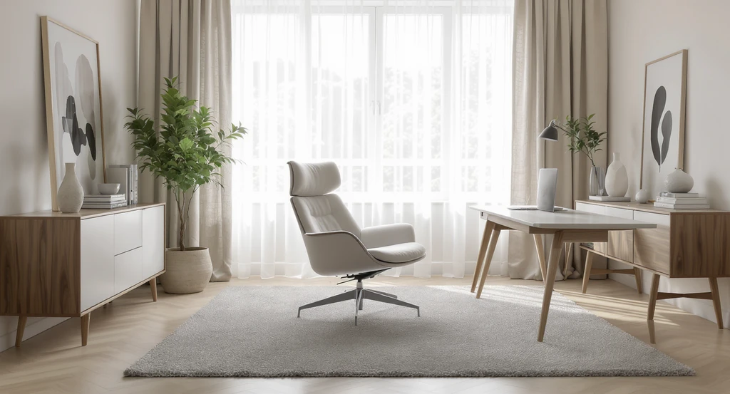 AI-powered home office design ideas shown with a soft rug, linen curtains, and upholstered chair, ideal for a cozy, distraction-free workspace makeover.