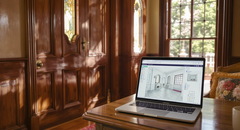 Lifelike scene of a historic entryway showing original windows and doors, with a laptop previewing paint colors and window film to avoid regret when restoring old windows and balancing charm with energy efficiency.