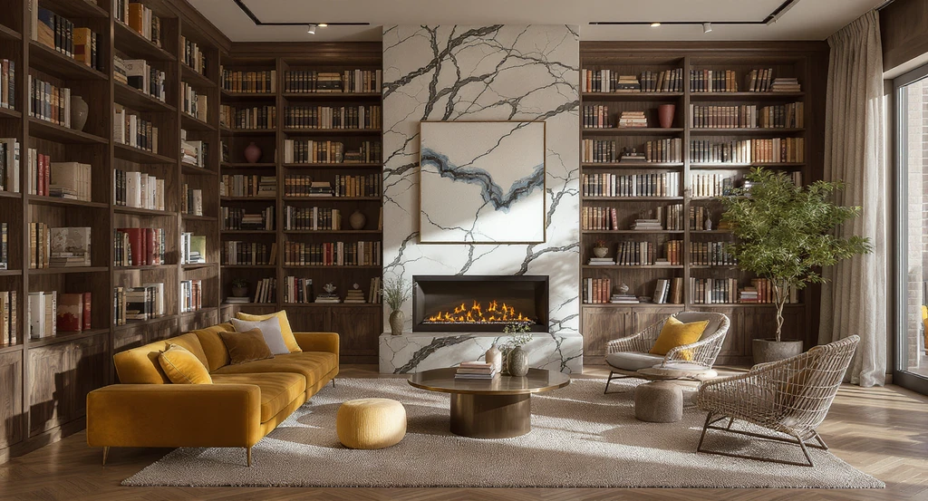 Photorealistic home library with large monitors showing AI visualization tools previewing layout, rug size, and color changes to optimize design and solve common library mistakes.