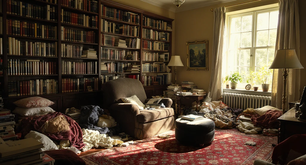 Photorealistic home library with mismatched furniture and cluttered decor, illustrating how ai visualization for home library design identifies common layout mistakes.