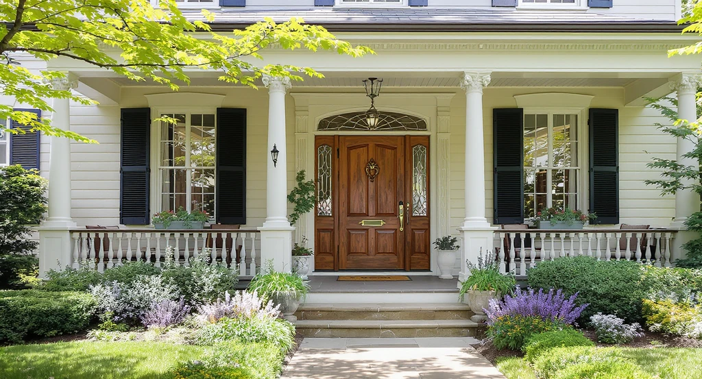Restored historic home exterior with fresh period-appropriate paint colors, enhanced curb appeal, original architectural trim, and updated front entryway.