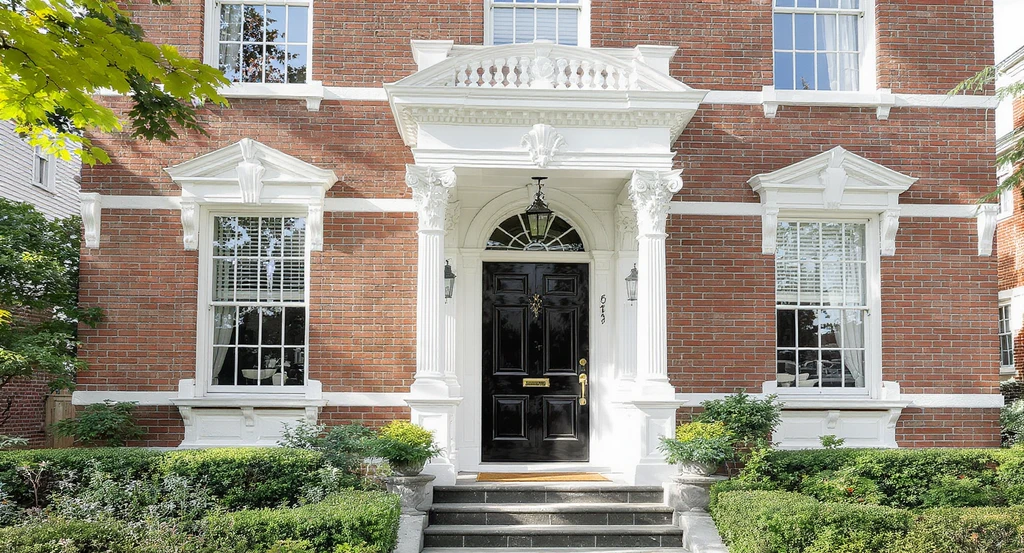 A historic brick home exterior with wide, restored white architectural trim framing windows and doors, showing how to enhance exterior curb appeal and restore historical home exterior features by adding architectural trim to the facade.