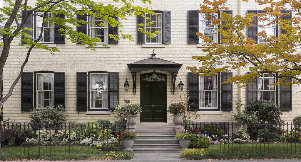 Historic home facade with off-white brick siding and deep black trim demonstrating how to enhance exterior curb appeal by restoring historical character and choosing exterior paint colors for resale with clear contrast applied to architectural trim and entryway features.