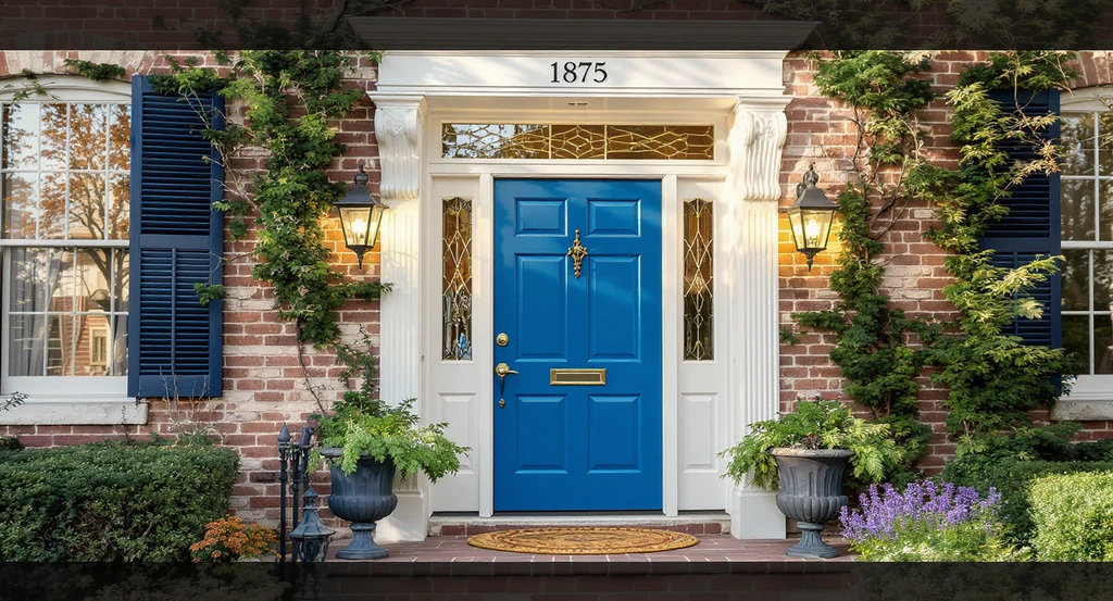 Historic home entry shows how to enhance exterior curb appeal using a bold door color, statement light fixture, and architectural trim for the best ways to update front entryway.