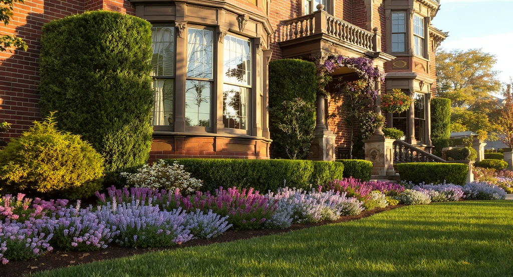 Layered foundation plantings with evergreens, grasses, and vertical shrubs soften a historic home's facade, showing how to enhance exterior curb appeal while restoring historical home exterior features and complementing architectural trim.